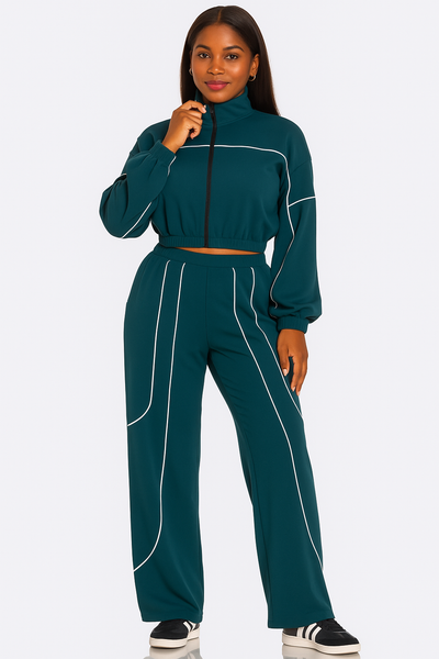 Zip Up Pipping Stripes Jacket and and Pants Set-Teal