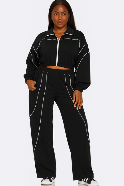 Zip Up Pipping Stripes Jacket and and Pants Set-Blk