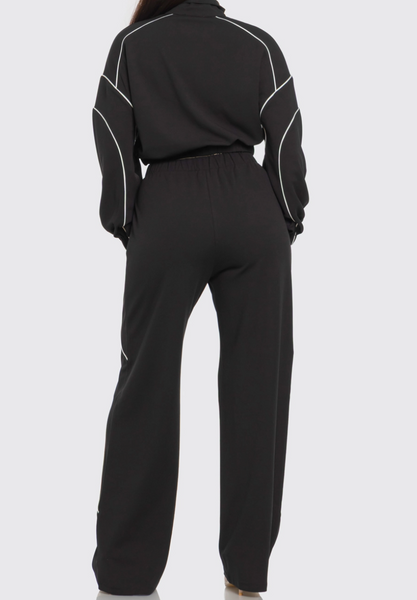 Zip Up Pipping Stripes Jacket and and Pants Set-Blk